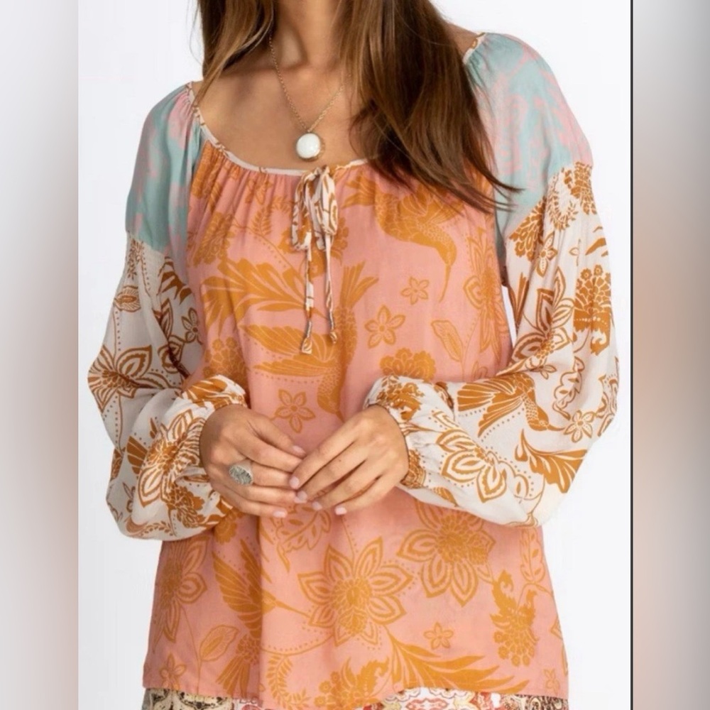 JOHNNY WAS Top Sz S Peasant Blouse Waimea Mixed Floral Hummingbird Boho Chic